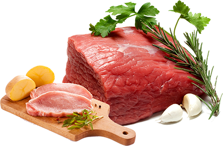 Raw beef and pork cuts on a wooden board