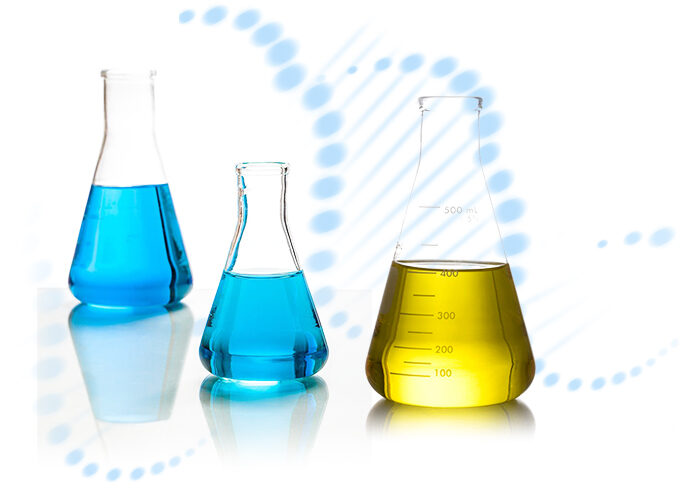 Three conical flasks with coloured reagents in front of a DNA motif