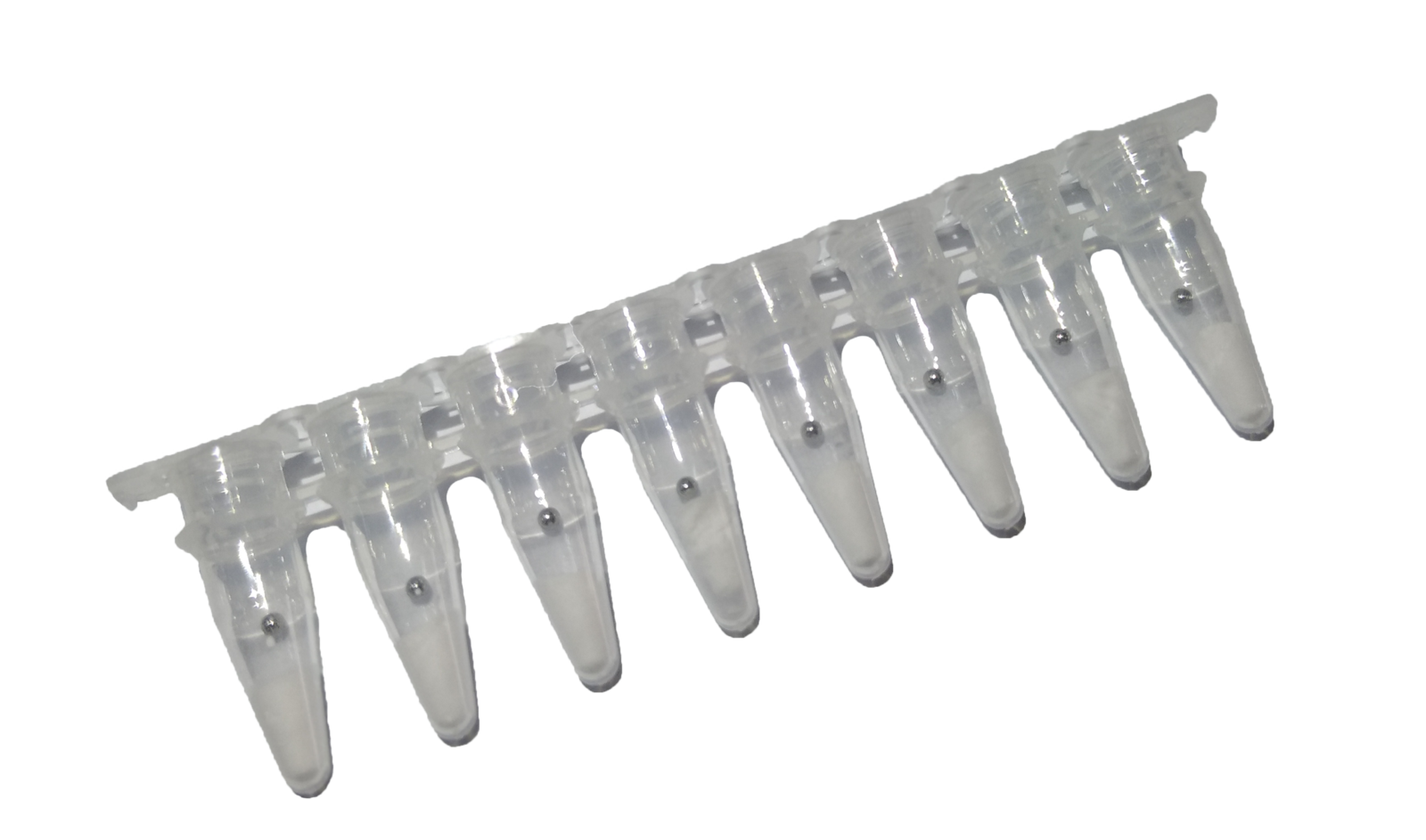 8-tube reagent strip with lyophilised RAA pellets